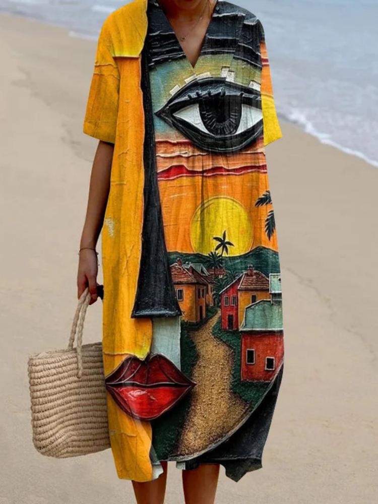 Anouk | Women's Vintage Geometric Pattern Art Print Dress