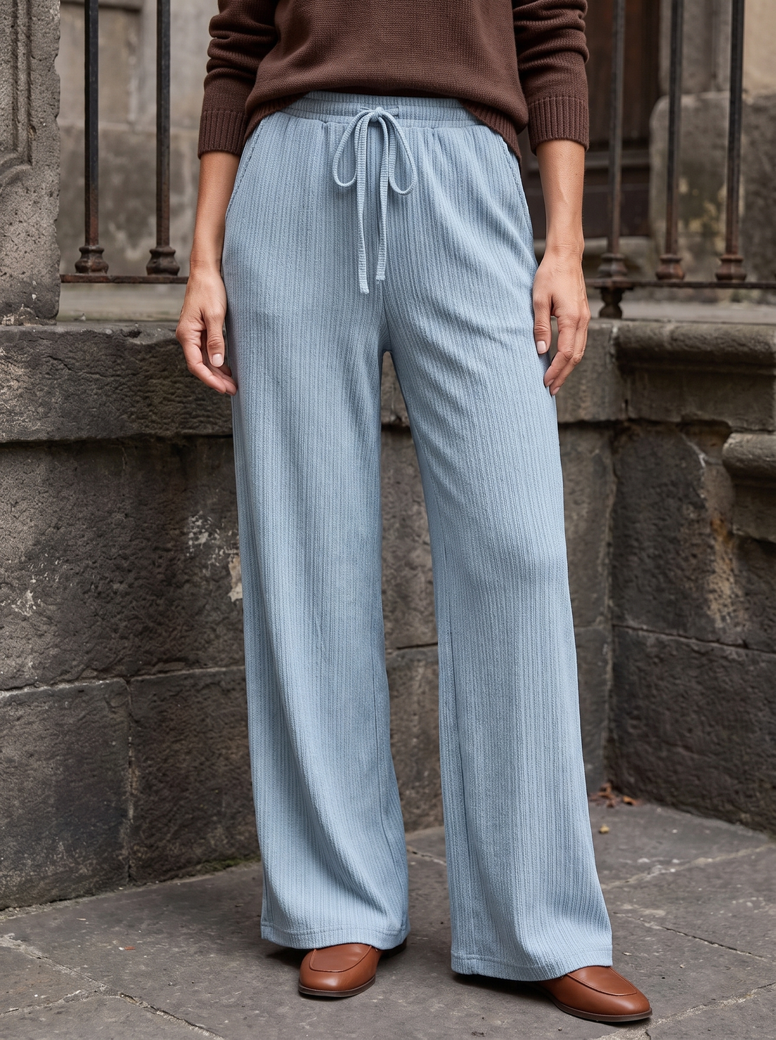 Fern Drawstring Wide-Leg Pants in Blue - front view