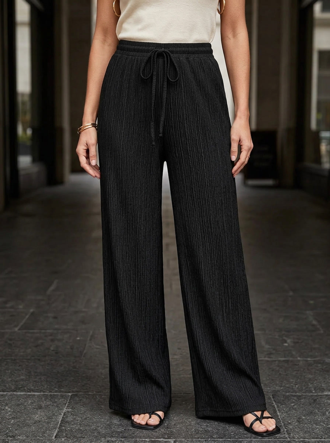 Fern Drawstring Wide-Leg Pants in Black - front view