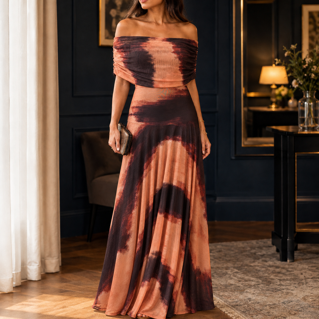 Solange Off-Shoulder Dress - Abstract Brown