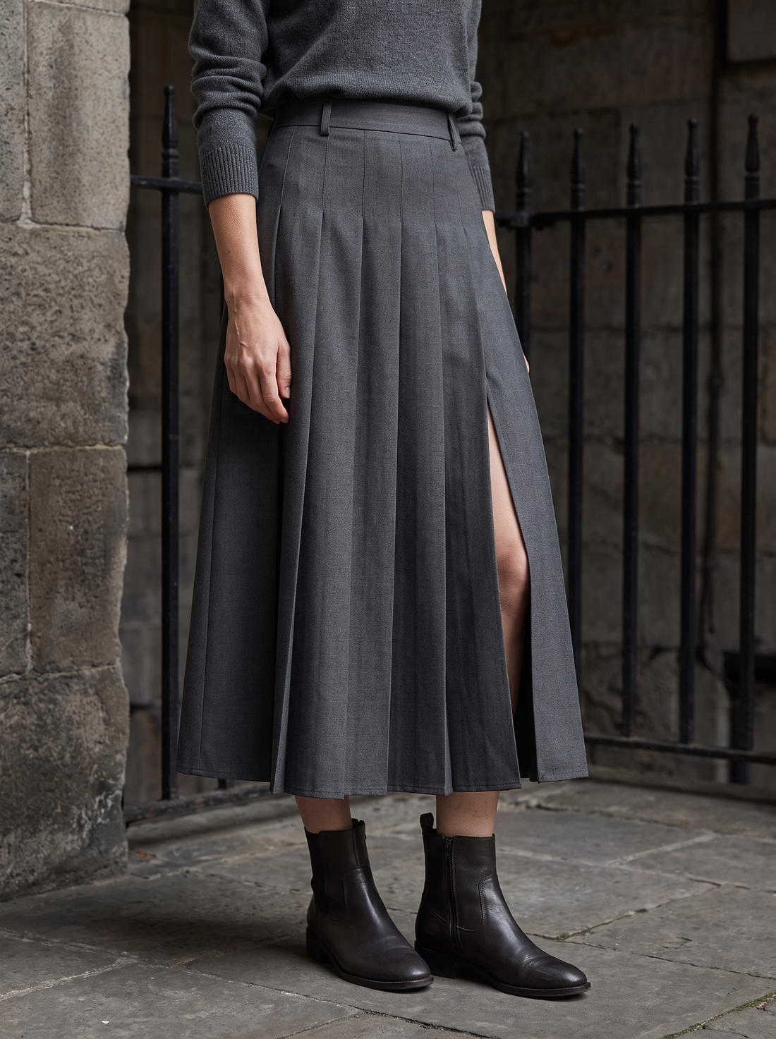 June Pleated Slit Midi Skirt in Dark Gray - alternate view