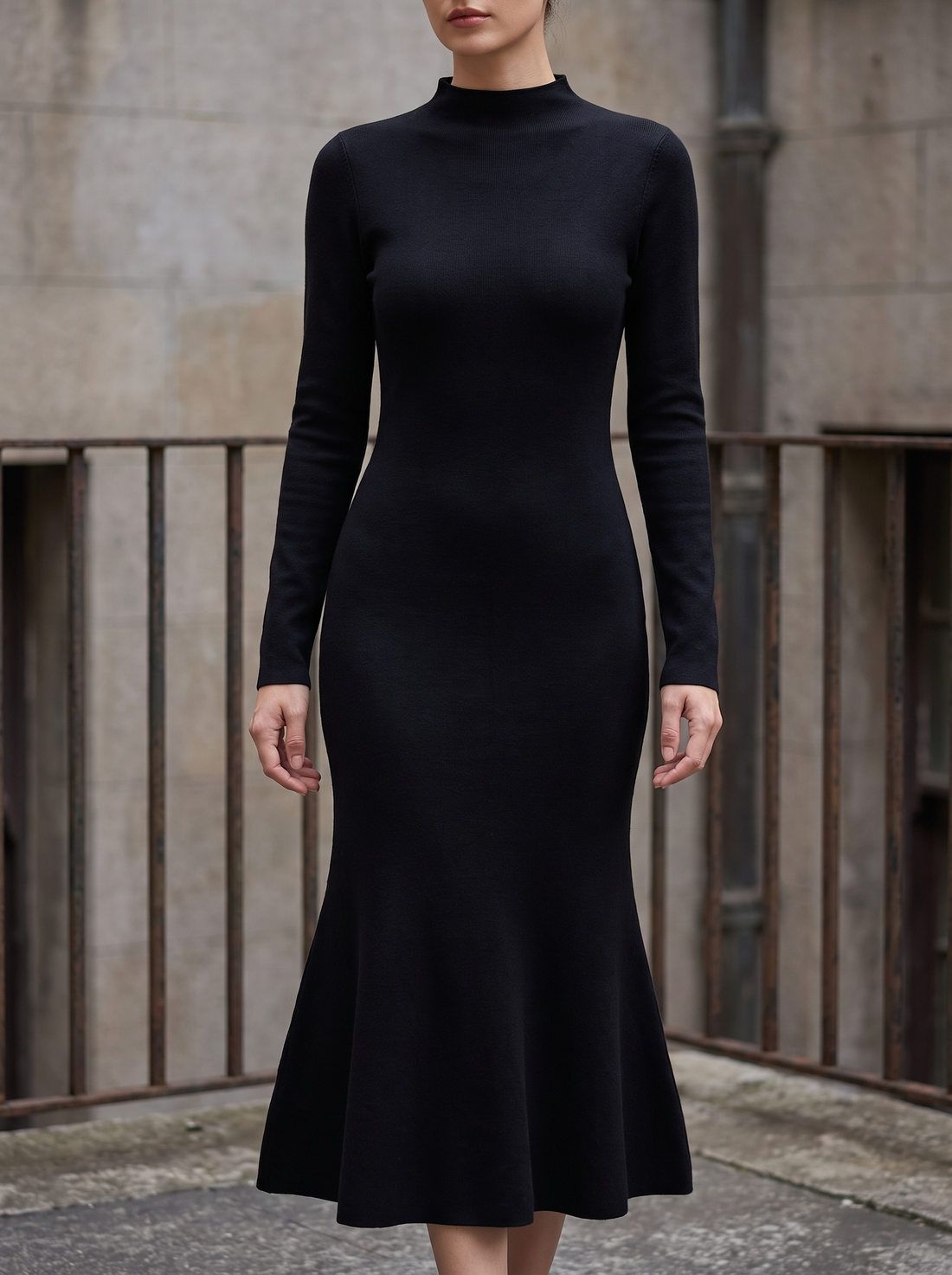 Ada Mock-Neck Knit Midi Dress in Black - front view