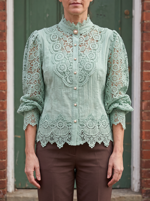 Clove Floral Lace Blouse in Green - front view