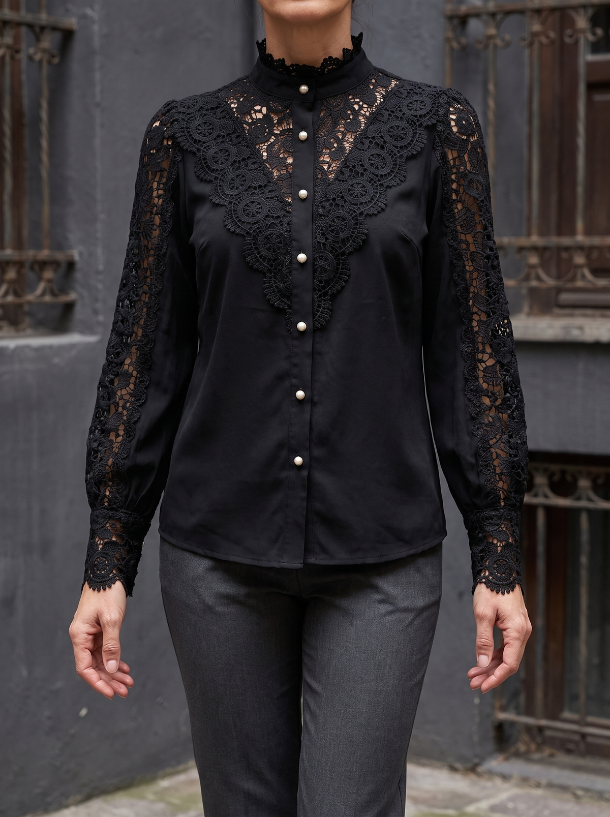 Clove Floral Lace Blouse in Black - front view