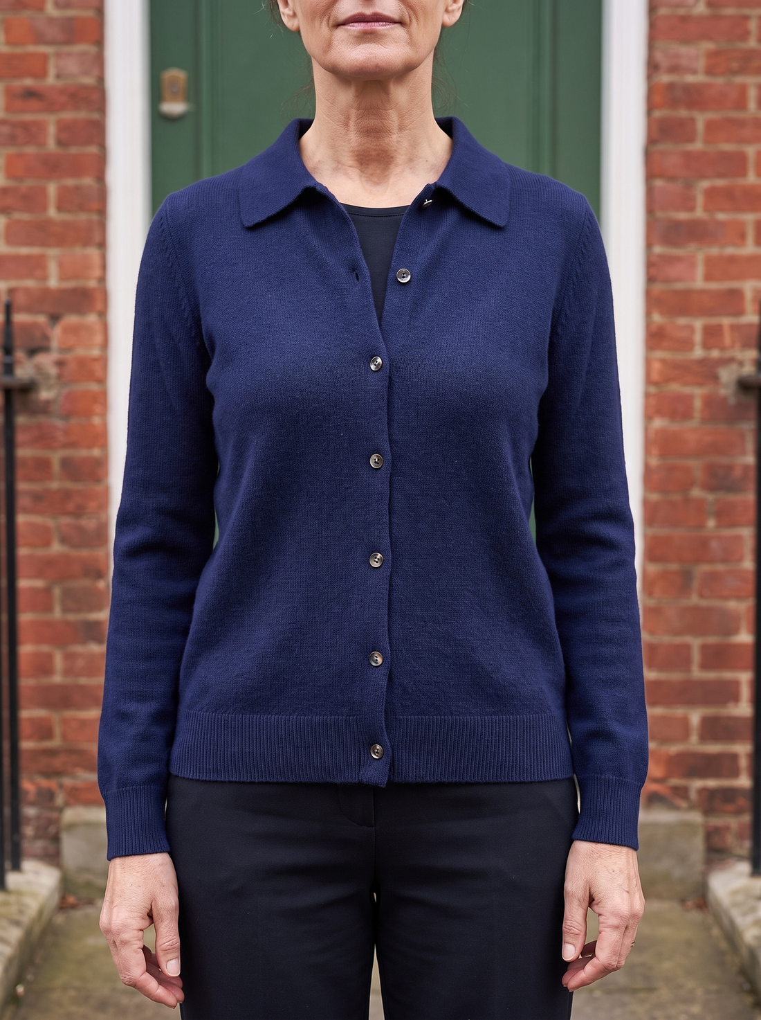 Hazel Collared Knit Cardigan in Navy Blue - front view