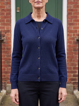 Hazel Collared Knit Cardigan in Navy Blue - front view