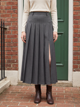 June Pleated Slit Midi Skirt in Dark Gray - front view