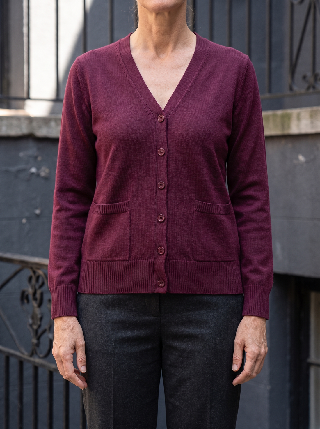 Mae Cotton V-Neck Pocket Cardigan in Burgundy - front view