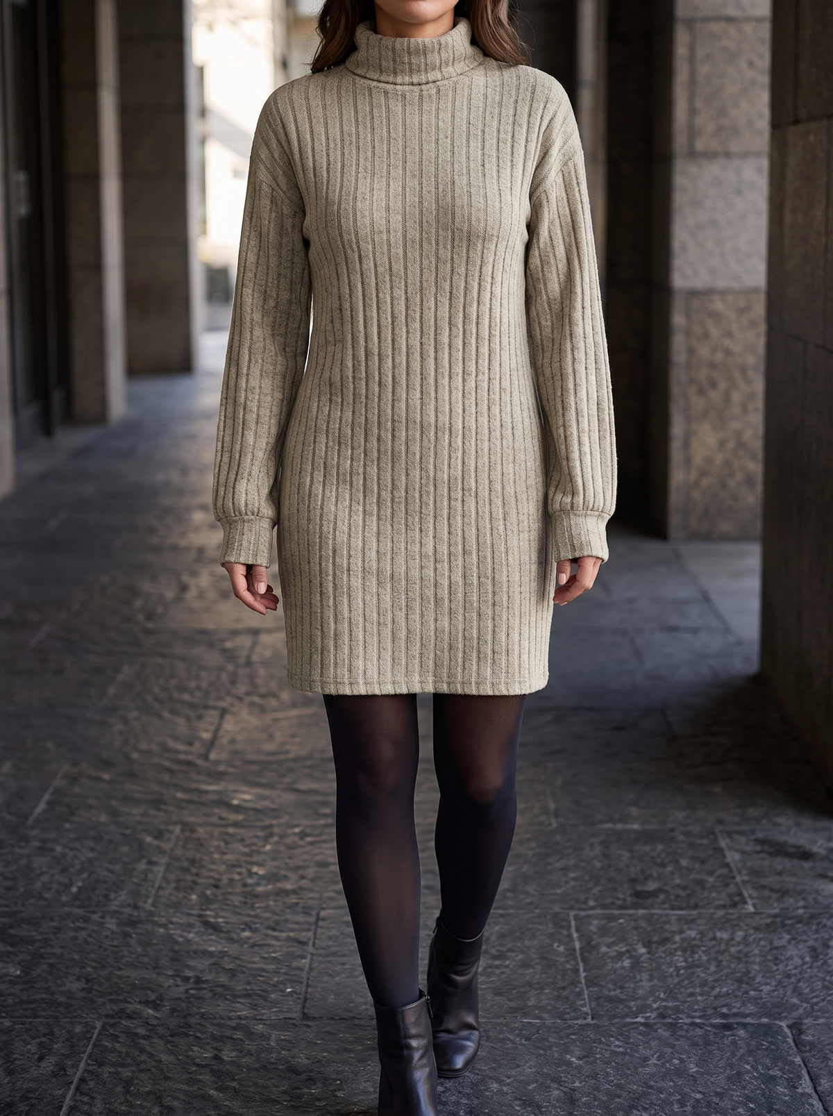 Rosie Ribbed Turtleneck Mini Dress in Khaki - front view